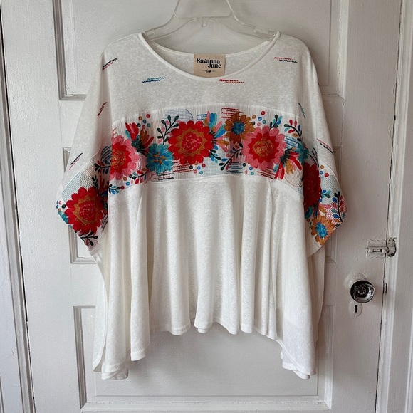 Savanna Jane Tops - Savanna Jane Floral Embroidered Kimono Sleeve Blouse Flowy Relaxed Fit Boho‎